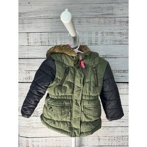 OshKosh B'gosh Kids 18M Green Black Quilted Hooded Winter‎ Jacket Fur Trim